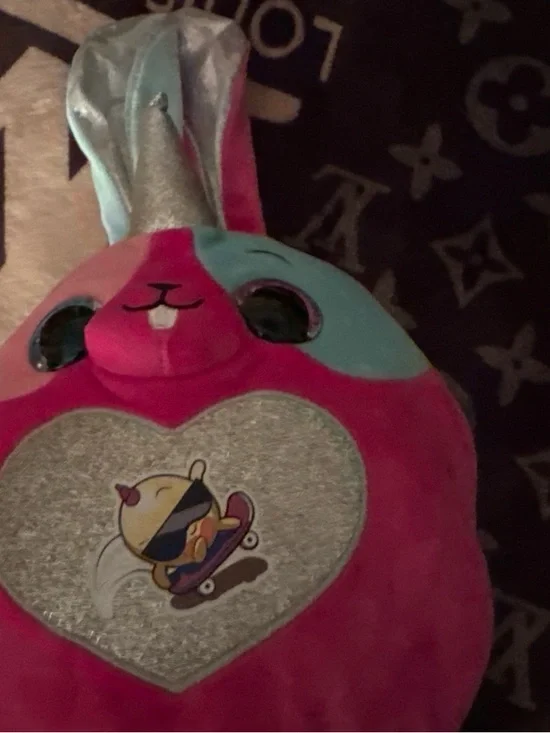 Plush Pink & Teal Bunny with Silver Heart Patch - Picture 1 of 4